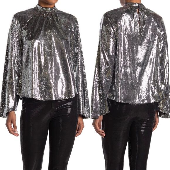 RtA Tennessee Peasant Silver Sequin Bell Sleeve Top Sz XS NWT - Picture 3 of 16